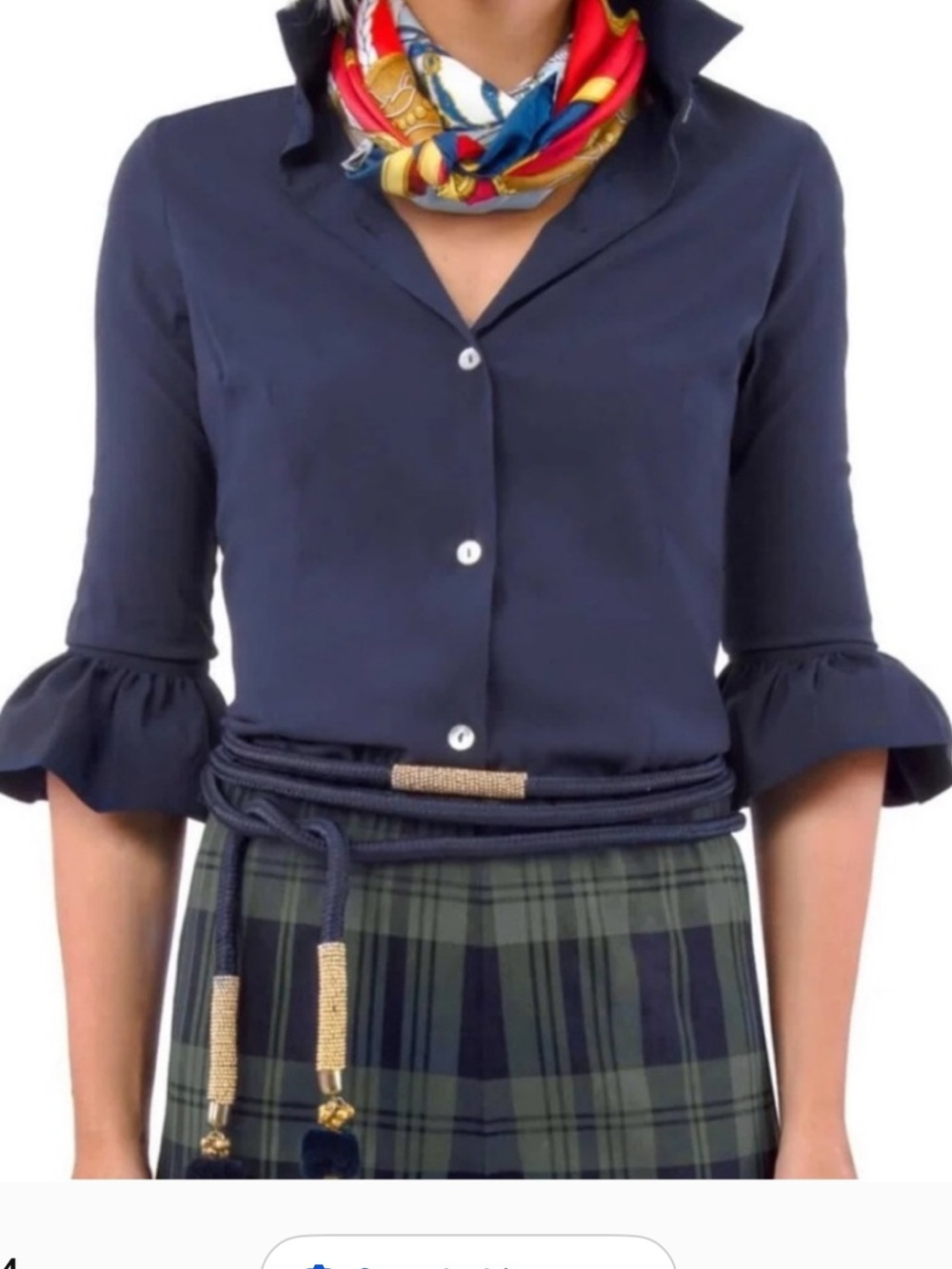 Gretchen Scott Navy Button-Down ruffled 3/4 sleeves Blouse, small. EUC, Navy